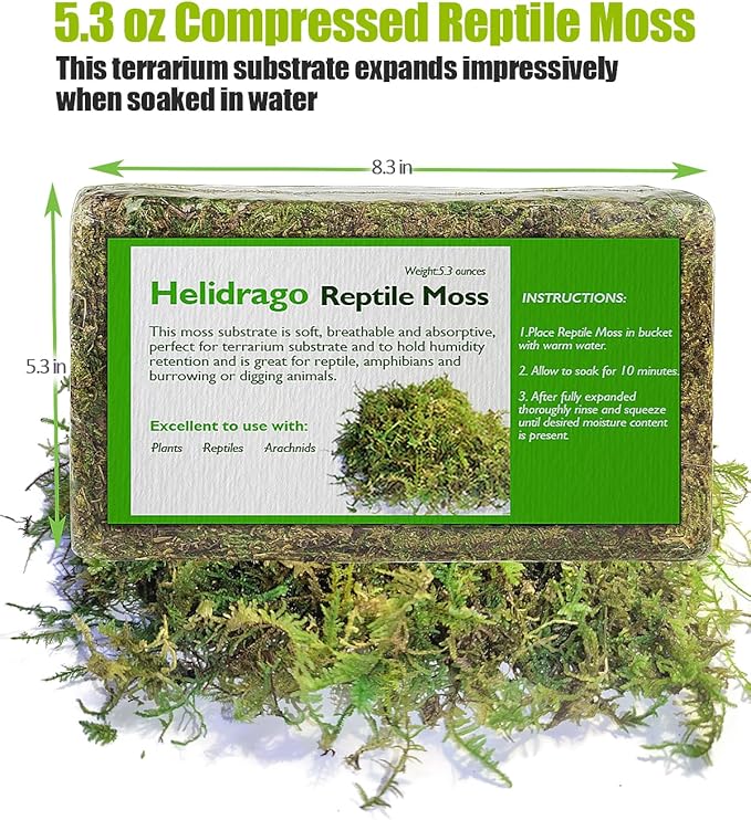 Sphagnum Moss for Reptile, Reptile Tank Accessories, Terrarium Substrate Bedding for Geckos, Hermit Crab, Frog, Snake, 5.3OZ Helidrago