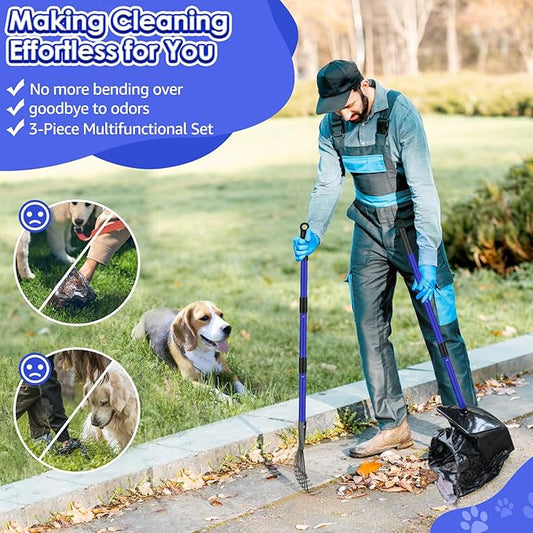 SlowTon Dog Pooper Scooper - 37.4" Long Handle Adjustable Metal Swivel Bin & Rake & Spade Kit with 20 Waste Bags, Portable Pooper Scooper for Gravel Lawn Grass, Suit for Small Medium Large Dog - PAWPICO