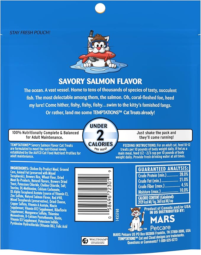 TEMPTATIONS Classic Crunchy and Soft Cat Treats Savory Salmon Flavor, 6.3 oz. Pouch (Pack of 10) Temptations