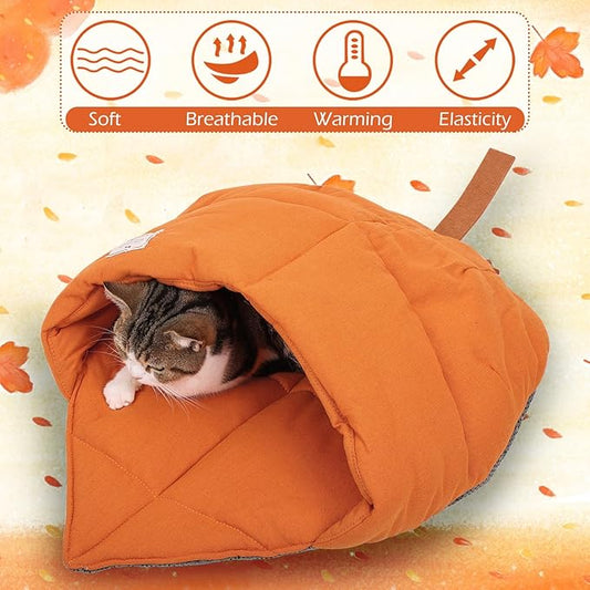 Cat Sleeping Bag,Cozy Cat Bed Cave Leaf Nest,Linen Fabric Pet Cuddle Zone,Covered Hide Warm Burrowing Soft Durable Washable Cat Bed for Indoor Puppy and Kitten(Maple Leaf Orange) - PAWPICO