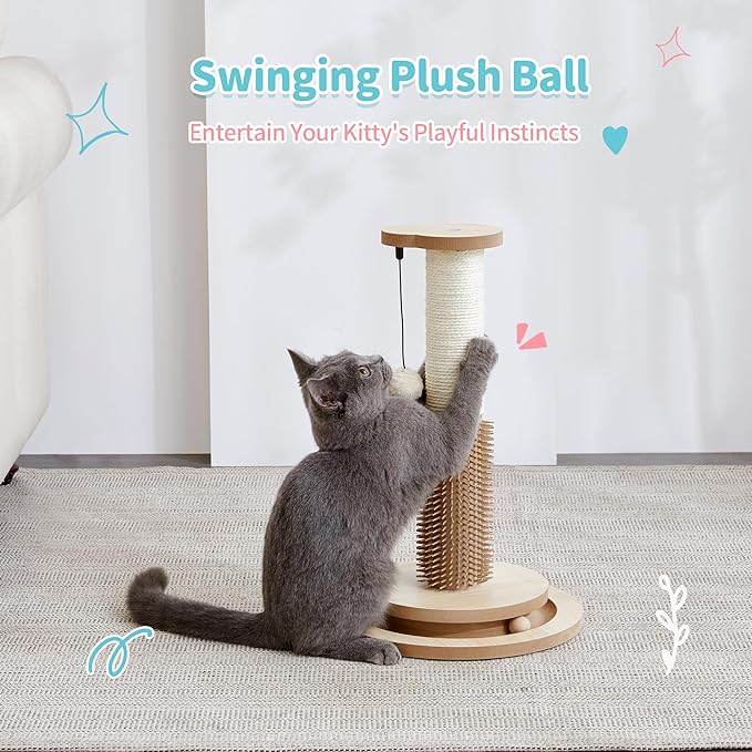 Made4Pets Cat Scratching Post 18" Tall for Small Kittens, 4-in-1 Cat Scratcher with Natural Sisal Ropes, Wooden Turntable Track Toy with Self Grooming Brush, Premium Scratch Pole with Plush Balls - PAWPICO