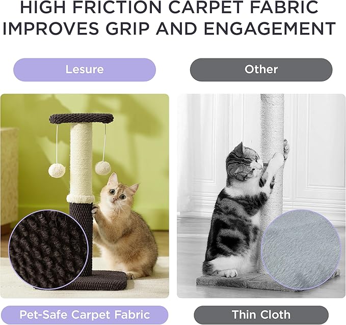Lesure Cat Scratching Post for Indoor Cats - Highly Resistant Carpet Scratch Posts, Premium Sisal Rope Scratch Posts for Kittens, Sturdy Small Cat Scratch Pole with Hanging Ball, Brown(22.5 inch) - PAWPICO