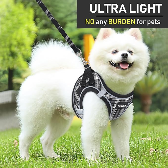 GAMUDA Small Dog Harness Collar and Leash Set, Step in No Chock No Pull Soft Mesh Adjustable Dog Vest Harnesses Plaid Reflective for Dogs Puppy Cats Kitten Rabbit (Black, XL) GAMUDACollarsCollection