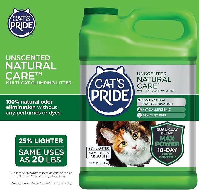 Cat's Pride Max Power: Natural Care - Up to 10 Days of Powerful Odor Control - 100% Natural Odor Elimination - Hypoallergenic - 99% Dust Free - Multi-Cat Clumping Litter, Unscented, 15 Pounds - PAWPICO