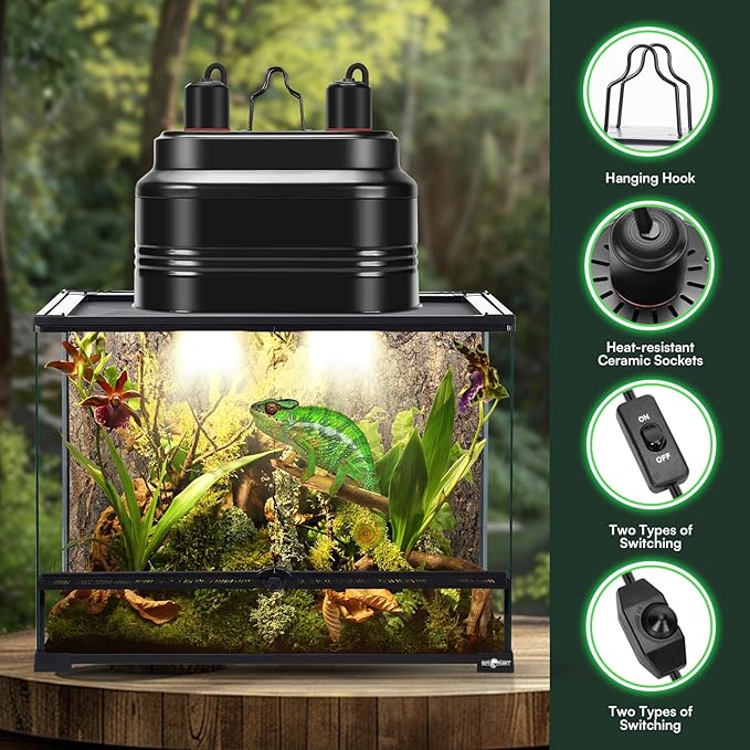 Dual Reptile Light Fixture with Thermostat Switch and Independent Switch, Deep Dome Reptile Heat Lamp Fixture Optical Reflector Lampshade for Bearded Dragon, Amphibians, Tortoise (Max 160W) WelcometoMECESORReptileWorld