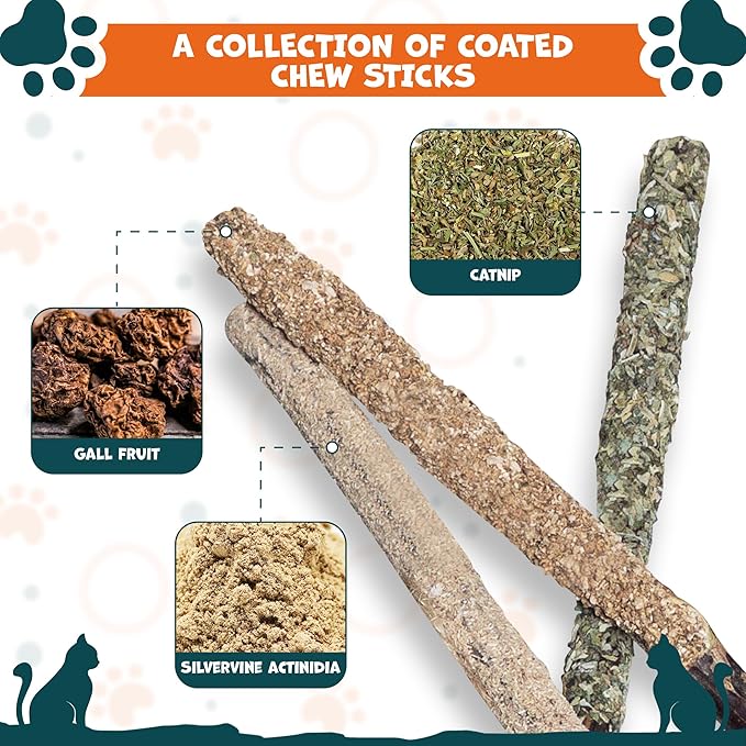 Silvervine Sticks for Cats 24 Pack Silvervine Cat Toy 10 Styles Dental Health and Calming Toy. Catnip, Gall Fruit and Bell Ball Cage Balls. Cleans Teeth & Calms Anxiety for Kitten (24 Pack) - PAWPICO