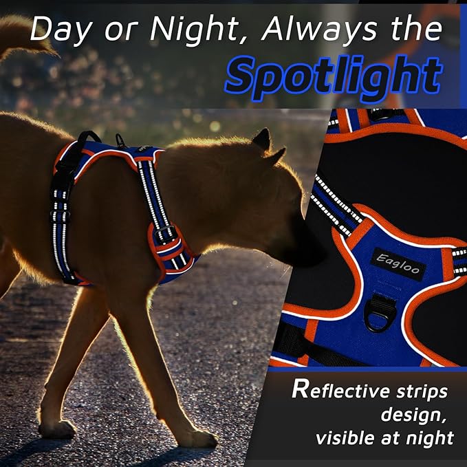 Eagloo Dog Harness for Large Dogs, No Pull Service Vest with Reflective Strips and Control Handle, Adjustable and Comfortable for Easy Walking, No Choke Harness with 2 Metal Rings, Blue & Orange, L GoExplorewithEagloo