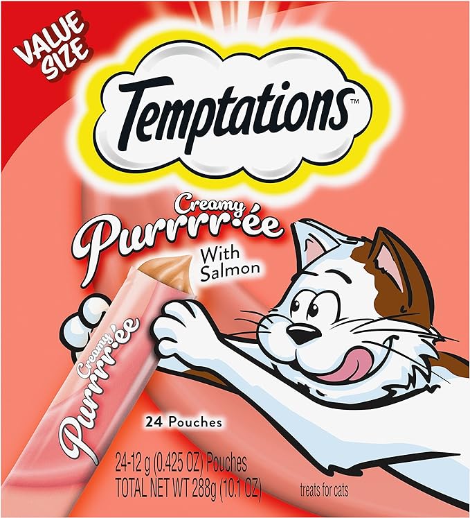 Temptations Creamy Puree with Salmon Lickable, Squeezable Cat Treats, 0.42 oz Pouches, 24 Count Temptations