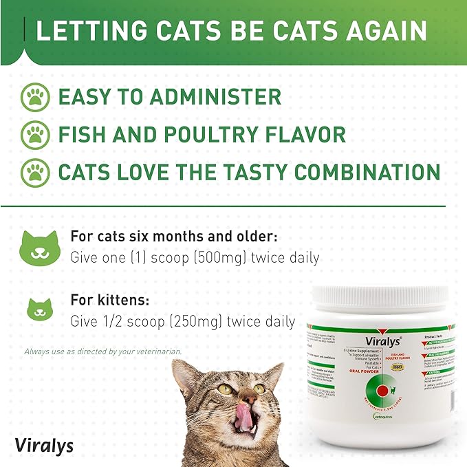 Vetoquinol Viralys L-Lysine Supplement for Cats - Cats & Kittens of All Ages - Immune Health - Sneezing, Runny Nose, Squinting, Watery Eyes - Flavored Lysine Powder Vetoquinol