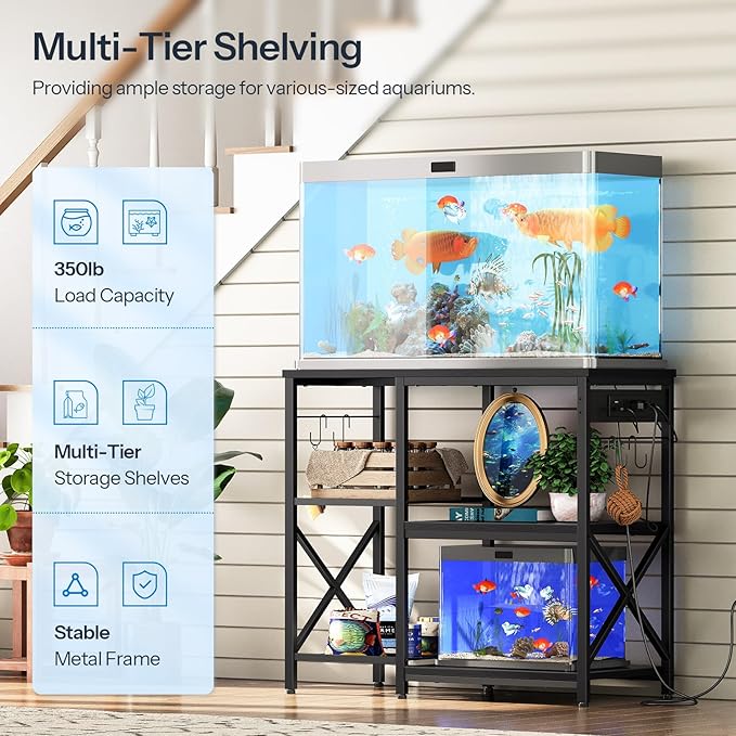 HOOBRO 20-29-37 Gallon Fish Tank Stand with Power Outlets and LED Light, Aquarium Stand with Storage Shelves, 35.4" L x 15.7" W, Reptile Tank Stand with Stable Metal Frame, Black BK80UDFT01 HOOBRO