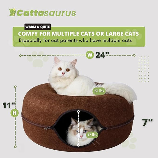 CATTASAURUS Peekaboo Cat Cave for Multiple & Large Cats Up to 30-45 Lbs, Scratch Detachable & Washable Tunnel Bed, Comfy Donut Cat Cave (Brown, Large) - PAWPICO