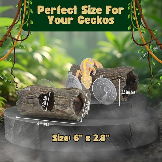 Crested Gecko Hide - Essential Crested Gecko Accessories for Tank - Reptile Hide Cave with Suction Cups - Unbreakable Realistic Tree Trunk Design - Safe Resin for Geckos, Lizards, Snakes PAWPICO