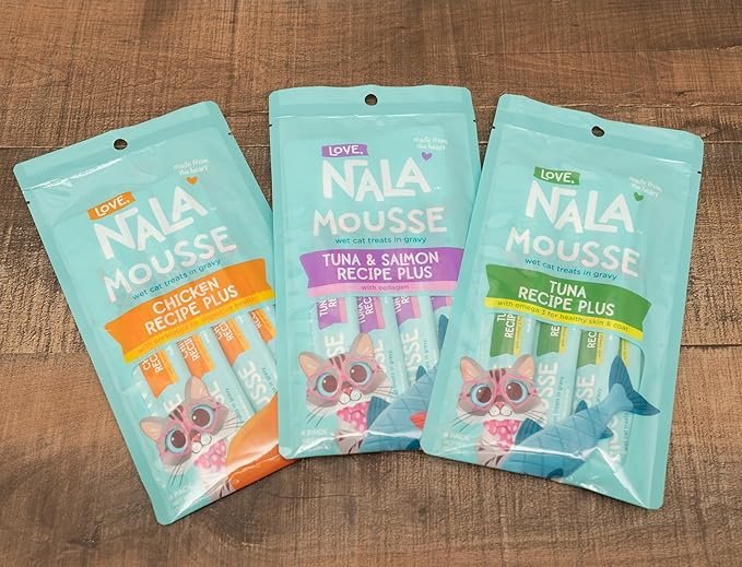 LOVE, NALA - Natural Lickable Cat Squeeze Up Treat,Topper - Variety Plus Pack Mousse - Wet Food Cat Puree - Grain Free, Fiber Blend, Minerals, Vitamins - 24 Pack - PAWPICO