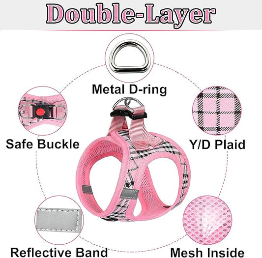 Dog Harness Step-in Breathable Puppy Cat Dog Vest Harnesses for Small Medium Dogs Pink Plaid matilor