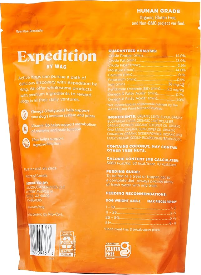 Amazon Brand - Wag Expedition Human Grade Organic Biscuits Dog Treats, Non-GMO, Pumpkin & Chia Seed, 10 oz, Pack of 1 - PAWPICO