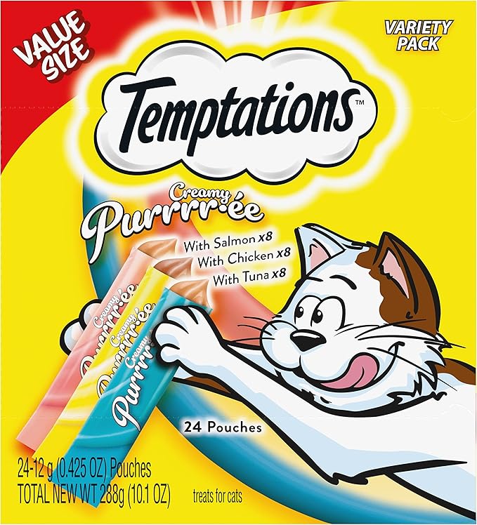 Temptations Creamy Puree with Chicken, Salmon, and Tuna Variety Pack of Lickable, Squeezable Cat Treats, 0.425 Oz Pouches, 24 Count Temptations