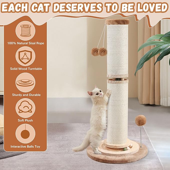 OTOB 32" Tall Cat Scratching Post, 4.3Inch Large Diameter Natural Sisal Rope Scratcher Post for Indoor Large Cats Kittens, 5-in-1 Interactive Turntable Cat Scratch Post (Brown, B-33Inch) - PAWPICO