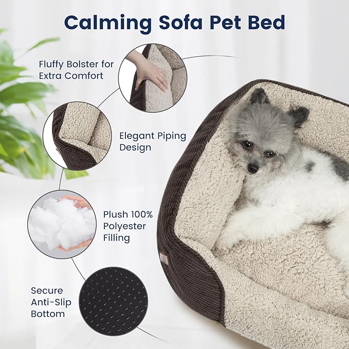 Miguel Washable Dog Bed with Removable Cushion for Medium Small Dogs, Easy to Wash Pet Sofa Bed with Side, Rectangle Bolster Cat Bed Calming Cuddle Puppy Bed with Anti-Slip Bottom, Brown 30 Inch - PAWPICO