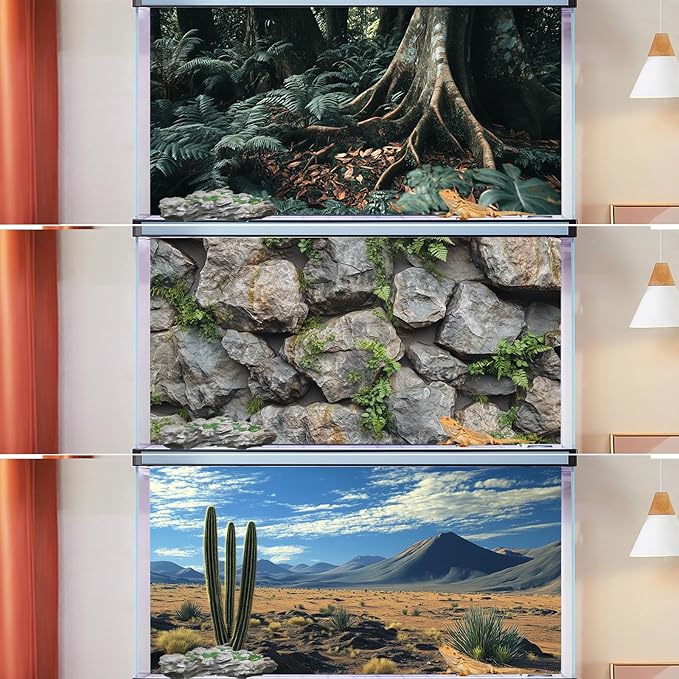 3 Pack Terrarium Background, 36x18 inches Polyester Reptile Background, Cloth Terrarium Background, Tropical Green Tree Fern & Gobi Desert Sunshine Cactus Rock Terrarium Background COMSUN