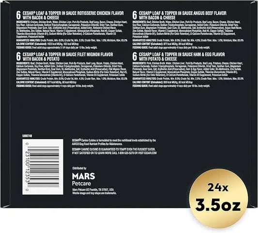 CESAR Adult Wet Dog Food Loaf in Sauce Rotisserie Chicken, Filet Mignon, Angus Beef, and Ham & Egg Flavors Variety Pack, 3.5 oz. Easy Peel Trays, Pack of 24 - PAWPICO