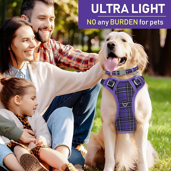 GAMUDA Dog Harness Collar and Leash Set, Dog Harness, No Chock No Pull Adjustable Vest Harnesses Plaid Reflective for Medium Dog, Cat, Small Horse, Small Bull and Pig (Purple, M) GAMUDACollarsCollection