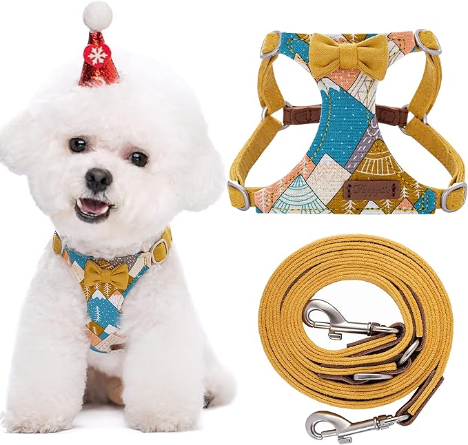 Puppytie No Pull Small Dog Harness with Multifunction Dog Leash,Lightweight Soft Adjustable No Choke Escape Proof Pet Harness Vest Pet Harness Vest,Suede Bow Yellow,S Puppytie