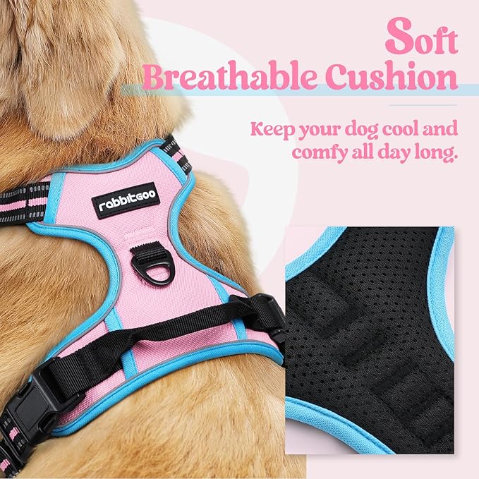 rabbitgoo Dog Harness No Pull with 2 Leash Clips, Adjustable Soft Padded, Reflective Oxford No Choke Pet Vest with Easy Control Handle for Medium Sized Dogs, Pink & Blue, M rabbitgoo
