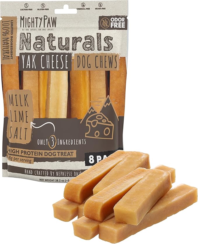 Mighty Paw Yak Cheese Chews for Dogs | All-Natural Long Lasting Pet Treats. Odorless and Great for Oral Health. Limited-Ingredient Chews for Puppies & Power-Chewers (Large, 8 Pack) - PAWPICO