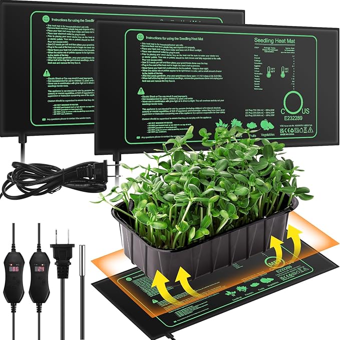 ROCEEI 2 Pack Seedling Heat Mat, 10 x 20.75 Inch Waterproof Seedling Heating Pad with Digital Thermostat Controller for Germination, Hydroponics, Brewing, Breeding, Indoor Gardening and Greenhouse ROCEEI