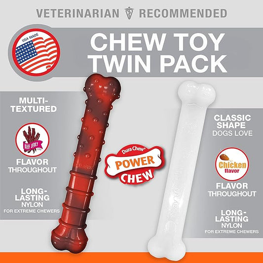 Nylabone Power Chew Classic Bone Chew Toy for Dogs, Durable Dog Toys for Aggressive Chewers, Flavor Frenzy Beef Jerky & Chicken, Large/Giant - Up to 50 lbs. (2 Count) - PAWPICO