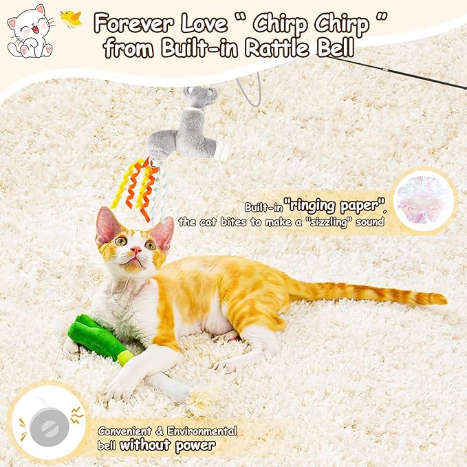 ORSDA Cat Toys, Cat Wand Toy for Indoor Cats, Interative Cat Toy to Chase & Exercise, Teaser Bird Toy for Cats with 5 Replacement Kitten Toys for All Breeds - PAWPICO