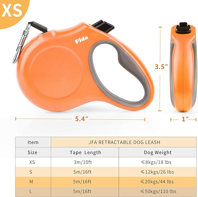 Fida Retractable Dog Leash, 10ft Heavy Duty Pet Walking Leash for X-Small Dogs or Cat up to 18 lbs, Tangle Free. One-Hand Brake (X-Small, Orange) - PAWPICO