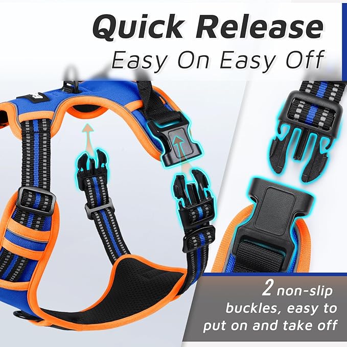Eagloo Dog Harness for Large Dogs, No Pull Service Vest with Reflective Strips and Control Handle, Adjustable and Comfortable for Easy Walking, No Choke Harness with 2 Metal Rings, Blue & Orange, L GoExplorewithEagloo