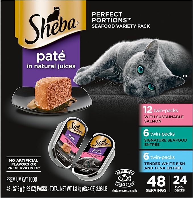 SHEBA Perfect Portions Paté Wet Cat Food Trays (24 Count, 48 Servings), Signature Seafood Entrée, Easy Peel Twin-Pack Trays - PAWPICO