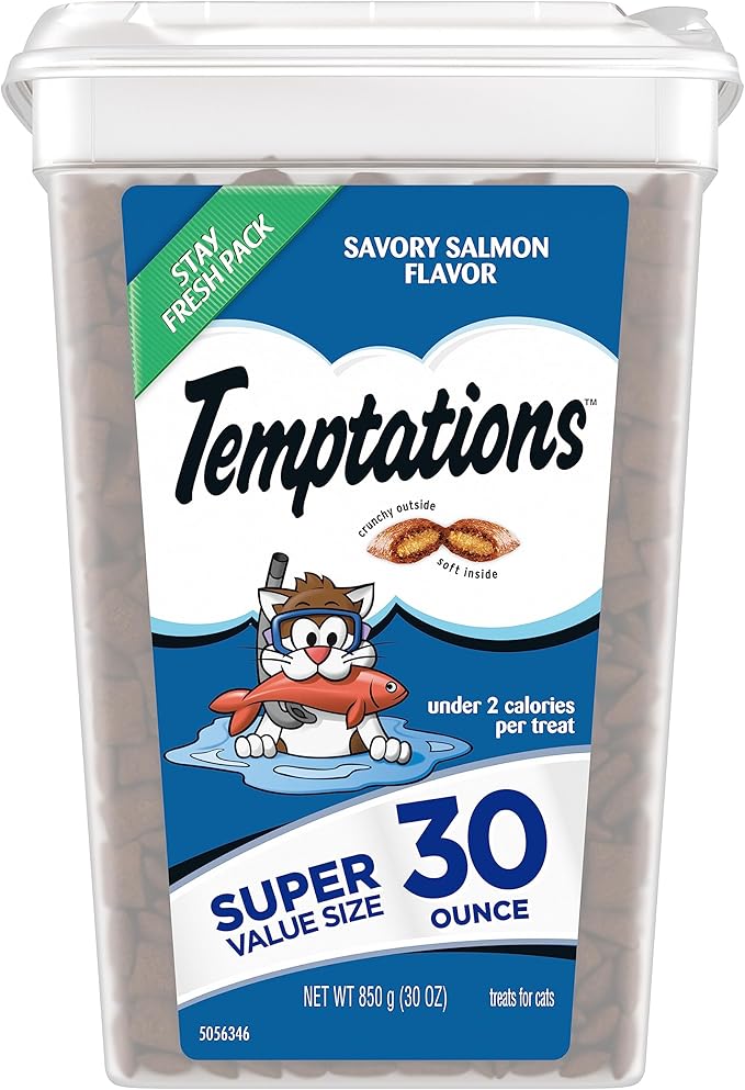 Temptations Classic Crunchy and Soft Cat Treats Savory Salmon Flavor, 30 oz. Tub Temptations