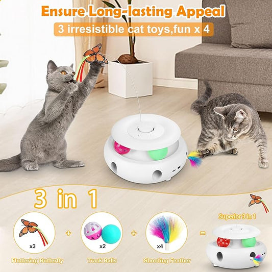 3-in-1 Interactive Cat Toys for Indoor Cats, Automatic 6 Holes Mice Whack-A-Mole, Fluttering Butterfly, Track Balls, USB Rechargeable, Ultra Fun Smart Interactive Kitten Toy (Ivory White) - PAWPICO