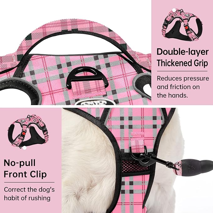 IVY&LANE No Pull Dog Harness with Leash Set, Reflective No Choke Pet Vest,Adjustable Oxford Dog Vest Harness with Easy Control Handle for Large Dogs (Checkered Pink,XL) IVYLANE