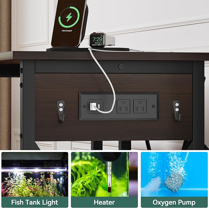 YITAHOME 10-29-37 Gallon Fish Tank Stand with Power Outlet, 30x16 Inch Metal Aquarium Stand with 3-Tier Adjustable Storage Shelves and Hooks, 450LBS Capacity,Black YITAHOME