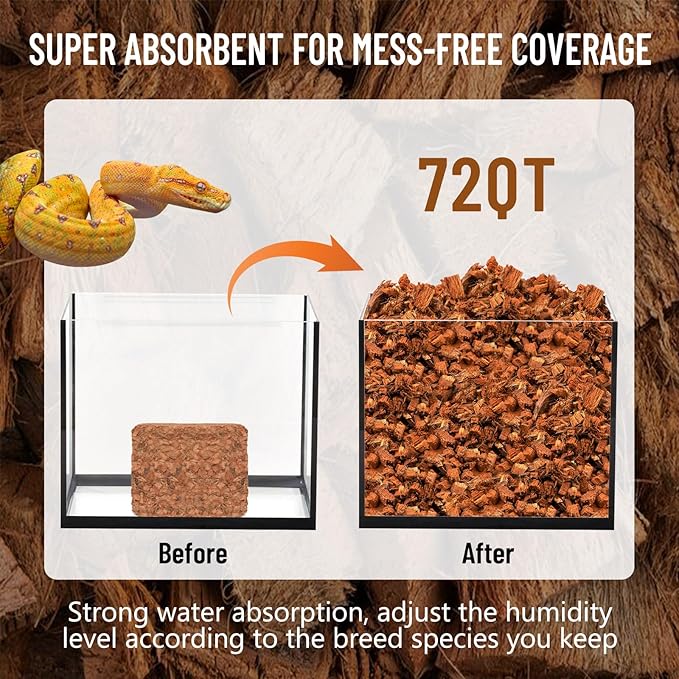 Riare 10LB Coconut Chip Substrate for Reptiles, 72 Quart Coconut Fiber Substrate Coco Chips Substrate Coconut Husk Bedding for Snakes, Tortoises, Ball Python, Bearded Dragon, Geckos, Lizards, Frogs Riare