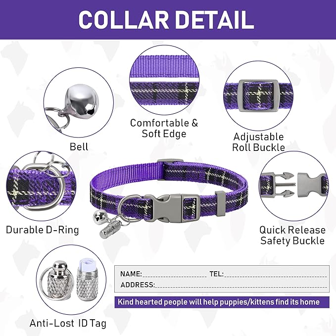 GAMUDA Small Dog Harness Collar and Leash Set, Step in No Chock No Pull Soft Mesh Adjustable Dog Vest Harnesses Plaid Reflective for Dogs Puppy Cats Kitten Rabbit (Warm Purple, XL) GAMUDACollarsCollection