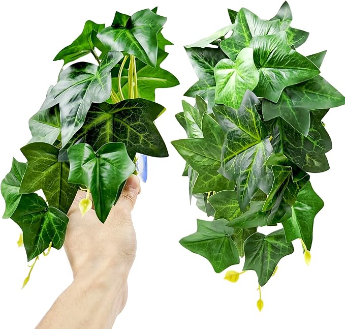 Woyrise Reptile Plants for Terrarium, Artificial Hanging Plants with Suction Cups, Amphibian Tank Habitat Decor Plastic Plant for Bearded Dragons Lizards Snake Geckos Frogs - 2Pack Green Ivy Woyrise
