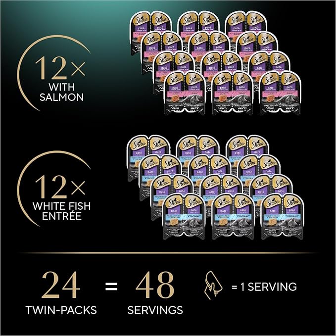 Sheba Perfect Portions Wet Cat Food Pate With Sustainable Salmon and Tender Whitefish & Tuna Entree Variety Pack, 2.6 oz., Twin-Pack Trays (12 Count, 24 Servings) (Pack of 2) - PAWPICO