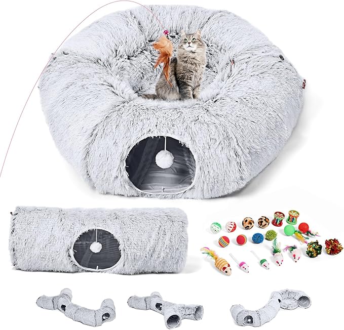 Odoland Cat Tunnels for Indoor Kitten Fluffy Cat Bed and Cat Cave Tunnels with 20 Cat Toys, Kittens Donut Tunnel and Variety Kitten Toy Set for Kitten/Puppy/Rabbit - PAWPICO