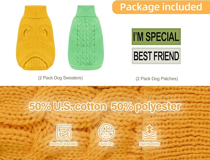 2 Pack Dog Sweaters for Small Dogs - Puppy Medium Warm Clothes in Winter, Turtleneck Pullover Design for Boy Girl Pet, Doggie, Cat, Kitten Chihuahua Bulldog Pug Beagles (S, Yellow, Green) - PAWPICO