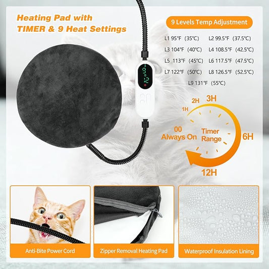 FHTONGE Heated Cat Bed Indoor with Timer and Temp Adjustment, Washable Self Warming Cat Bed Donut with Overheat Protection for Winter, Snuggle Round Cat Bed Cuddler with Electric Heating Pad - PAWPICO