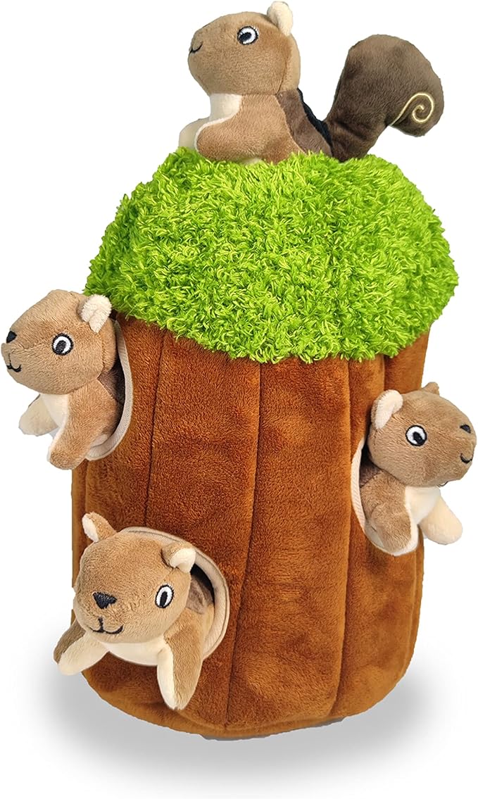 Squirrel in Tree Hide and Seek Dog Toy for Small and Medium Size Dogs, Plush Squirrel Inside Trunk Dog Toy with Squeaker, Interactive Burrow Dog Toy (Tree with Squirrels, Medium) - PAWPICO