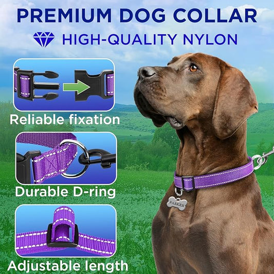 TECEUM Reflective Pet Collar – Purple – XL – Basic Nylon Dog Collar – Quick Release Buckle – Fits Small, Medium and Large Dogs, Puppies, Cats – ESA & Service Dog Options TECEUM