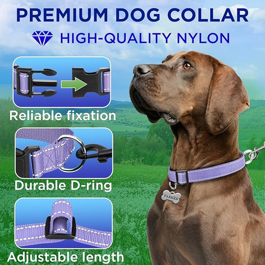 TECEUM Reflective Pet Collar – Lavender – L – Basic Nylon Dog Collar – Quick Release Buckle – Fits Small, Medium and Large Dogs, Puppies, Cats – ESA & Service Dog Options TECEUM