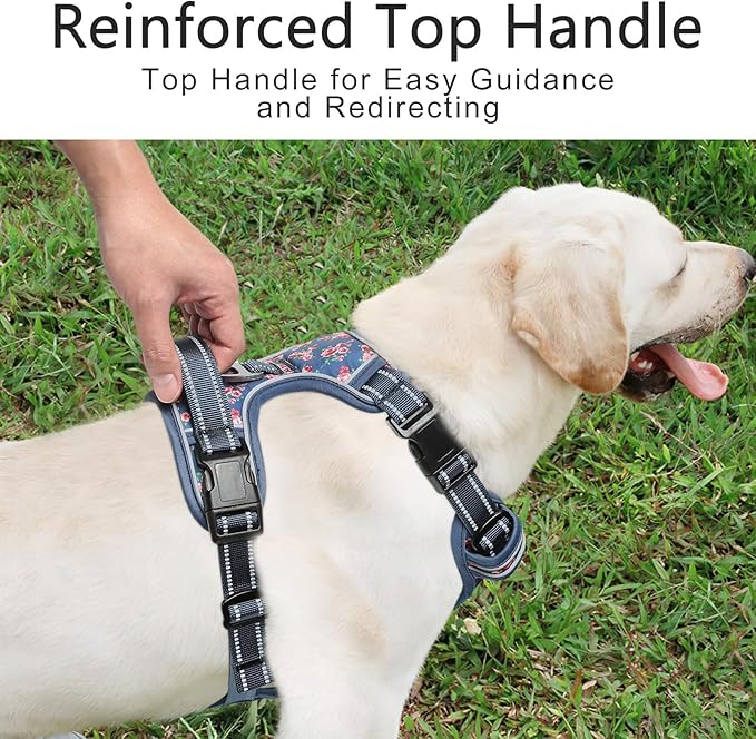 Timos Dog Harness for Large Dog, No Pull Service Vest with Reflective Strips and Control Handle,No Choke Dog Harness with 2 Metal Rings for Easy Walking,Outdoor Training,Flower Blue, L Timos