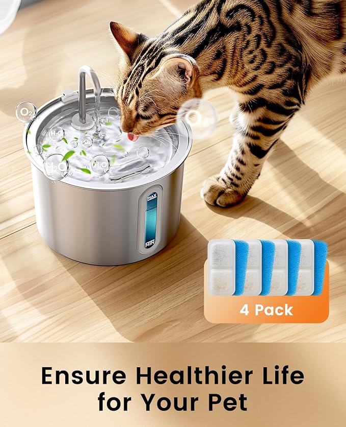 oneisall Cat Water Fountain Filters Replacement, 4 Pack Cat Fountain Filters for 67oz/2L Stainless Steel Cat Fountain Filters, Filters for Cat Water Fountain Easy to Install and Clean - PAWPICO
